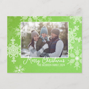Green White Snowflakes Minimalist Christmas Photo Holiday Postcard