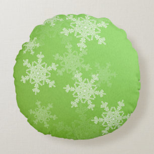 Green White Snowflakes Minimalist Christmas Round Cushion