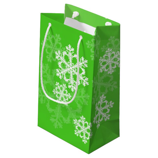 Green White Snowflakes Minimalist Christmas Small Gift Bag (Back Angled)