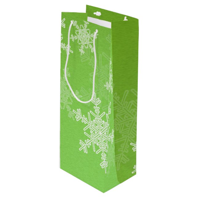Green White Snowflakes Minimalist Christmas Wine Gift Bag (Front Angled)