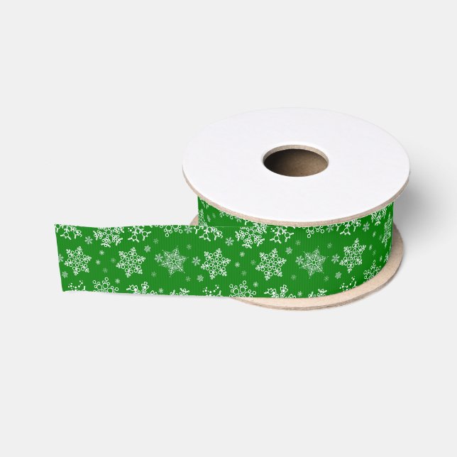 Green White Snowflakes Pattern Grosgrain Ribbon (Spool)