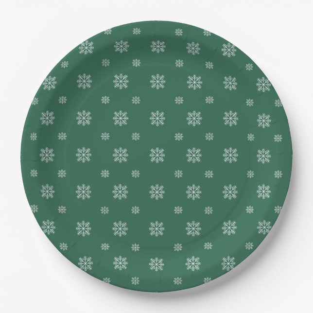 Green & White Snowflakes Simple Modern Christmas  Paper Plate (Front)