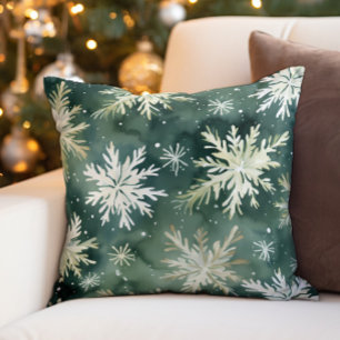 Green White Snowflakes Winter Christmas Holiday Cushion