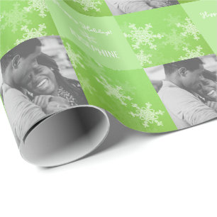 Green White Snowlfake Minimalist Photo Christmas  Wrapping Paper
