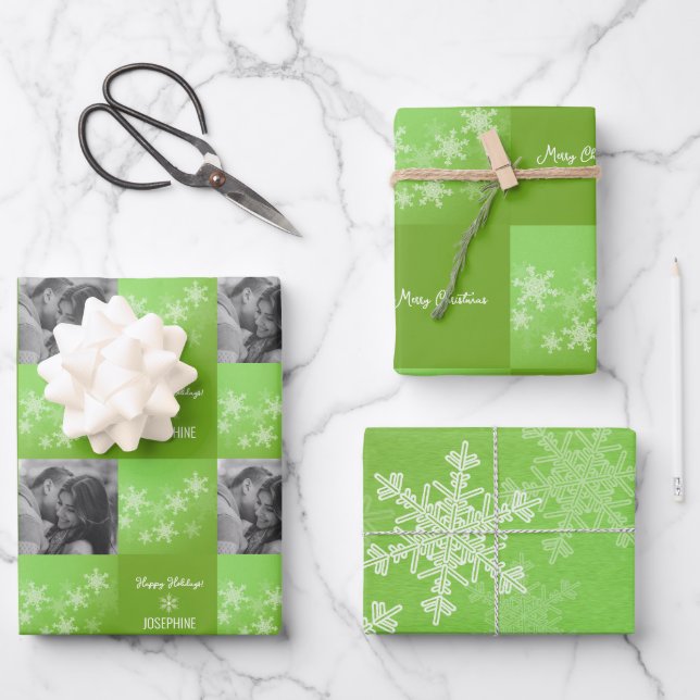 Green White Snowlfake Minimalist Photo Christmas  Wrapping Paper Sheet (Front)