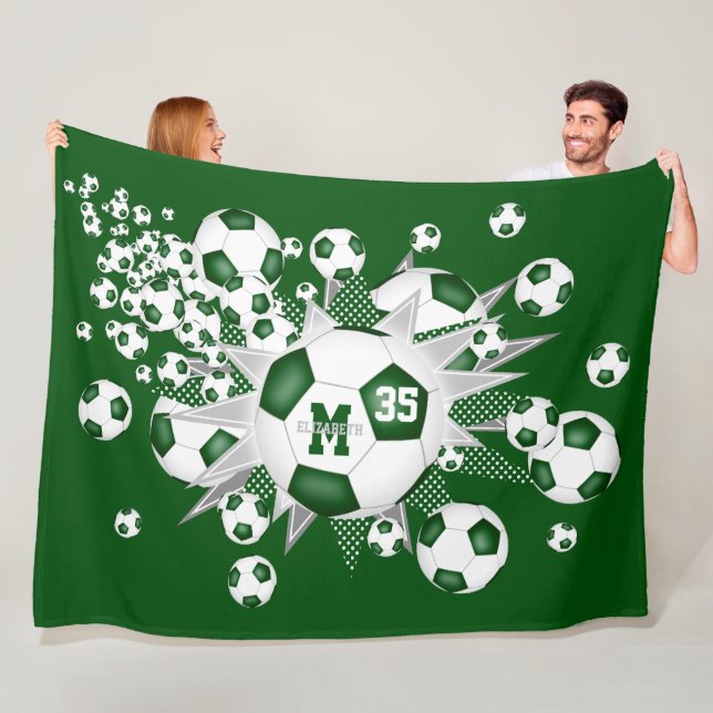 green white soccer balls stars girls name fleece blanket (In Situ)