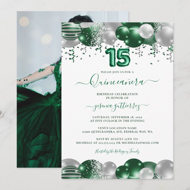 Green White Sparkle Photo Quinceañera Balloon Invitation (Front/Back)