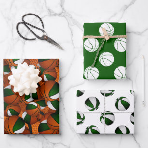 green white sports basketballs pattern gift wrapping paper sheet