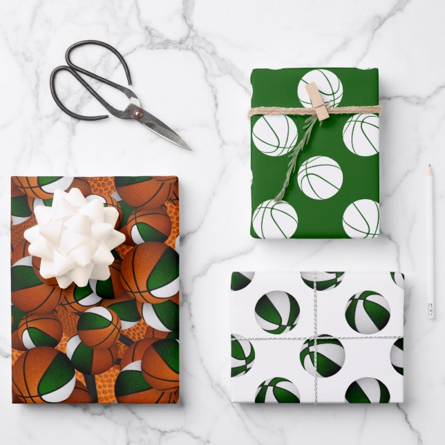 green white sports basketballs pattern gift wrapping paper sheet (Front)