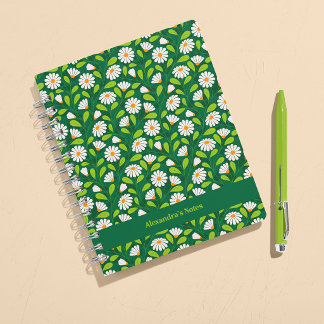 Green & White Spring Daisies & Vine Personalised Notebook
