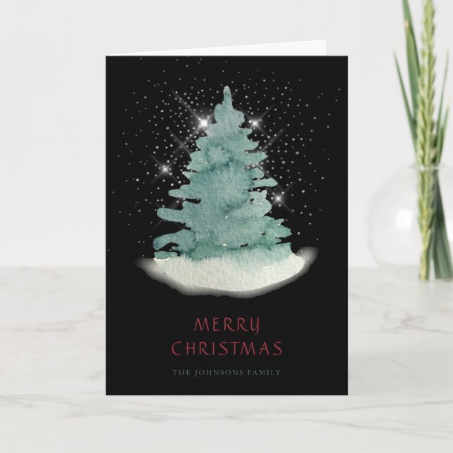 Green White Star Christmas Tree  Holiday Card (Front)