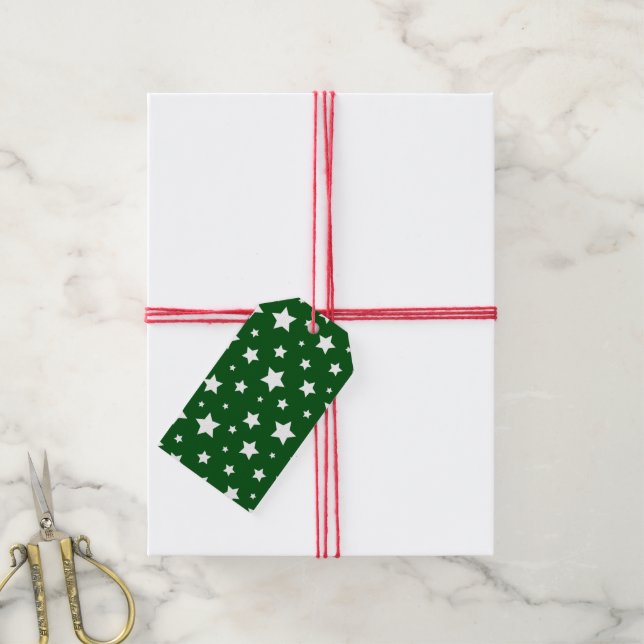 Green White Stars Holiday Gift Tag (With Twine)