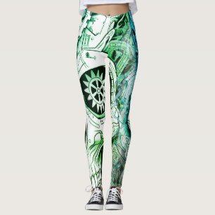 Green + White Steampunk Design on Customised Tight Leggings