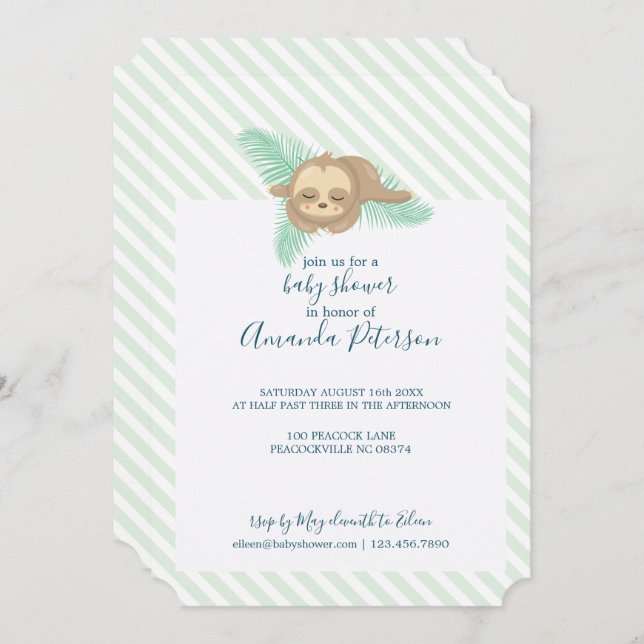 Green & White Stripe Baby Sloth Baby Shower Invitation (Front/Back)