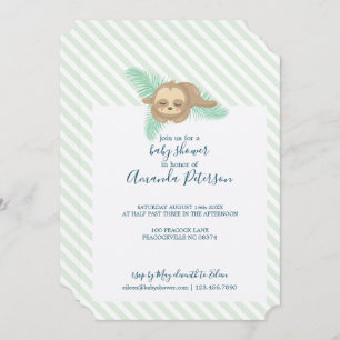 Green & White Stripe Baby Sloth Baby Shower Invitation