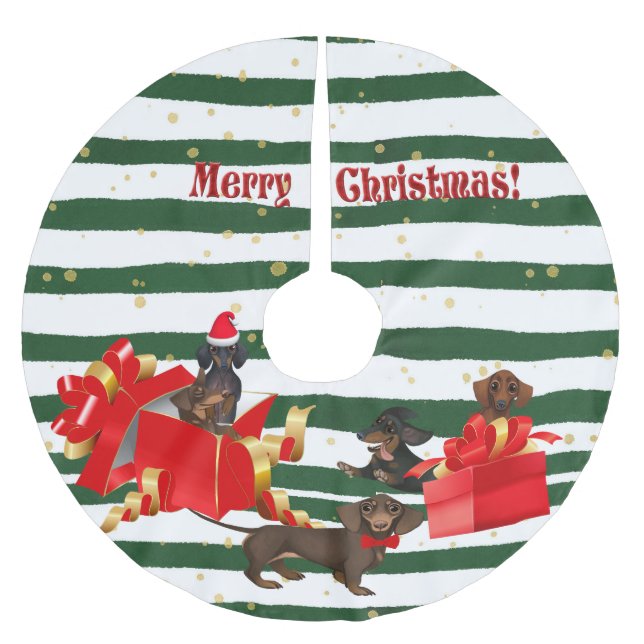 Green & White Stripe Dachshund Family Tree Skirt (Front)