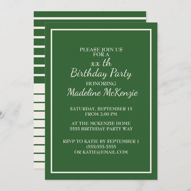 Green White Striped Birthday Party Invite (Front/Back)
