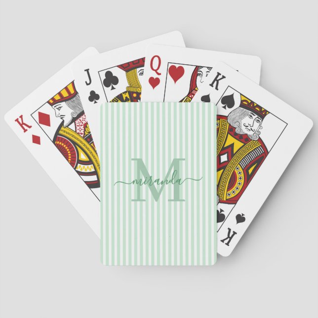 Green & White Striped Monogram Name Playing Cards (Back)
