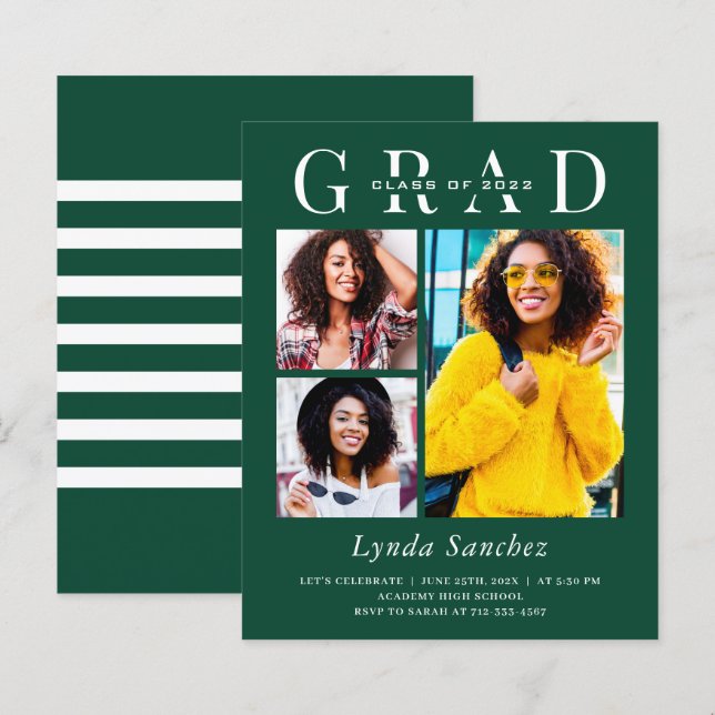 Green White Stripes 3 Photo Graduation Invitations (Front/Back)