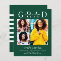 Green White Stripes 3 Photo Graduation Invitations