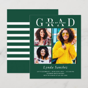 Green White Stripes 3 Photo Graduation Invitations