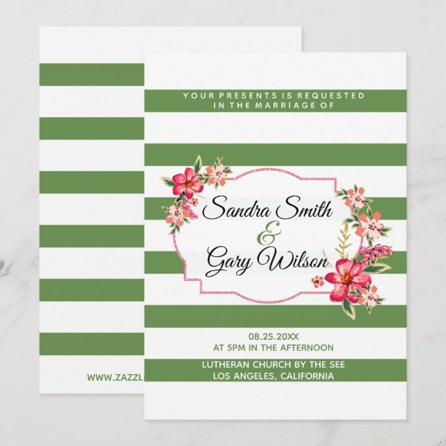 Green White Stripes And Colourful Bouquet Wedding Invitation (Front/Back)