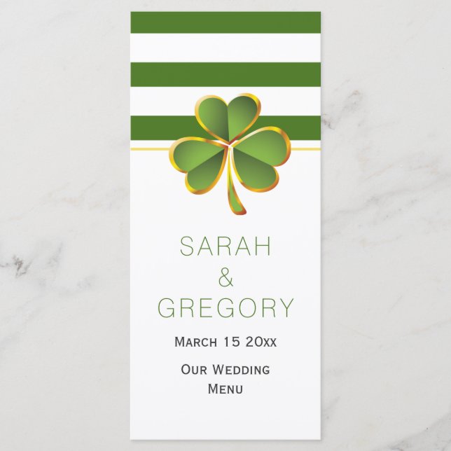Green white stripes clover Irish wedding menu card (Front)