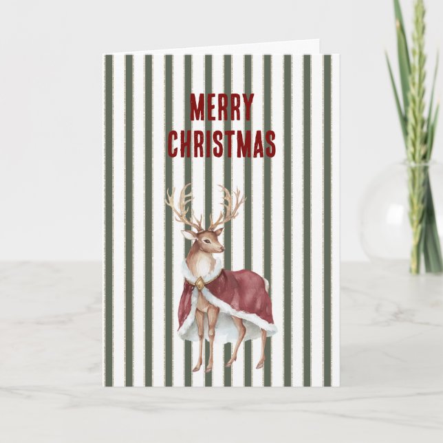 Green White Stripes Deer Red White Cape Christmas Card (Front)
