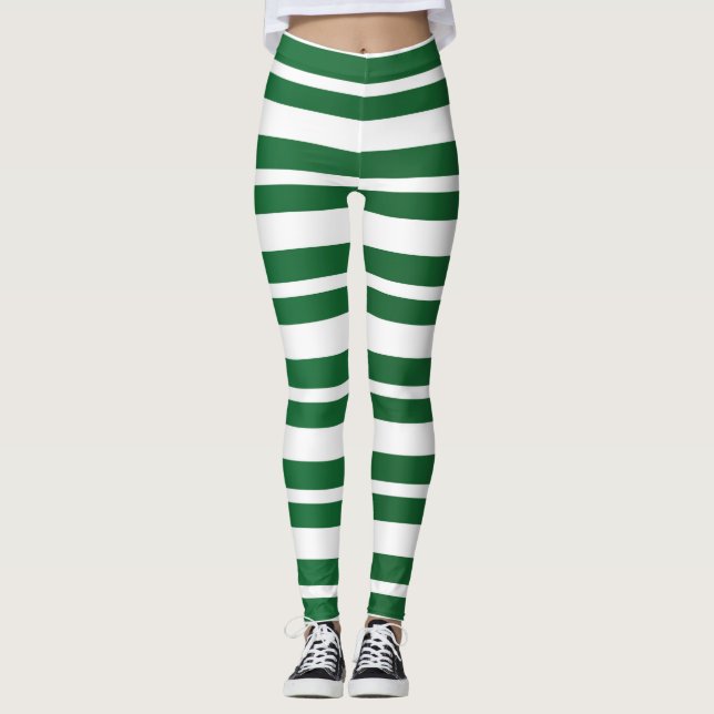 Green & White Stripes Festive Holiday Christmas Leggings (Front)