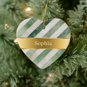 Green White Stripes Gold Ribbon Christmas Ceramic Tree Decoration