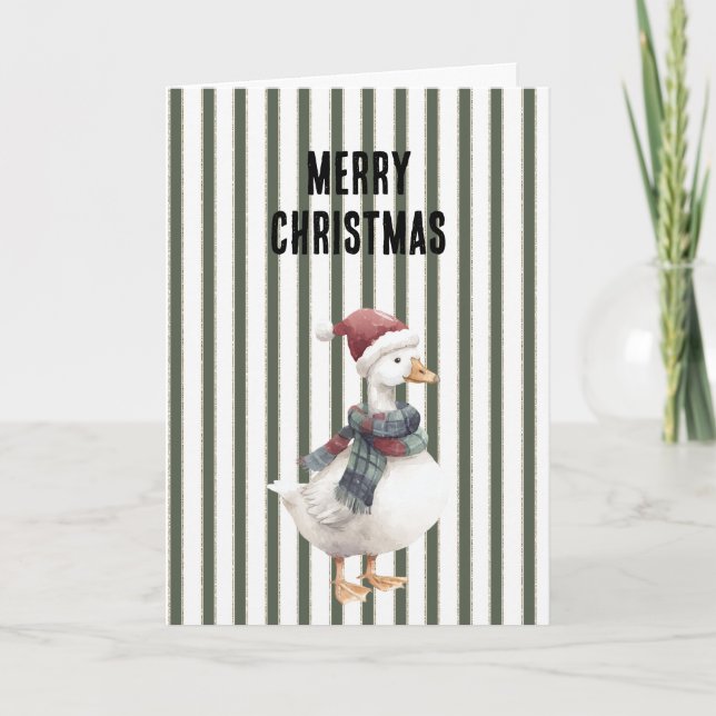 Green White Stripes Goose with Santa Hat Christmas Card (Front)