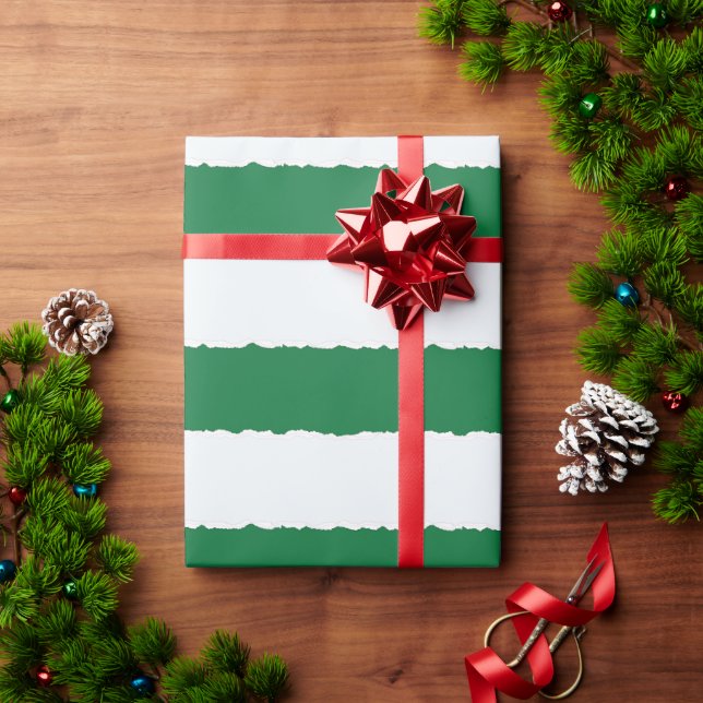 Green White Stripes Modern Faux Torn Christmas Wrapping Paper (Holiday Gift)