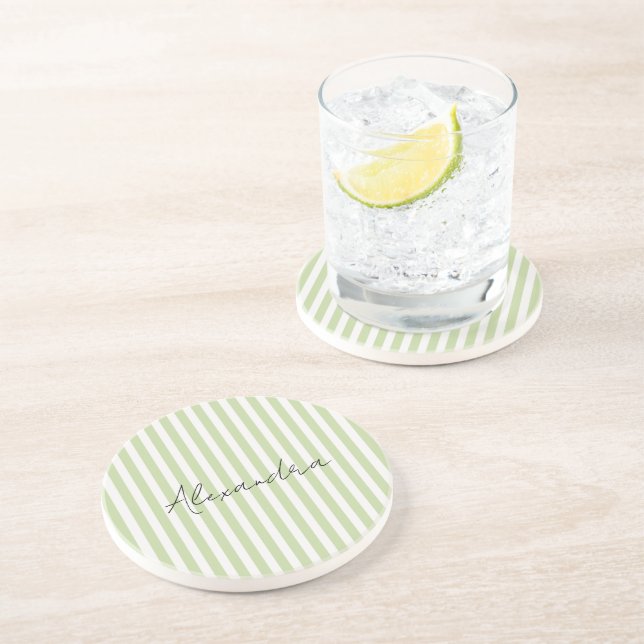 Green White Stripes Name Coaster (Side)