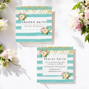 Green White Stripes Party Wedding Planner  Square Business Card