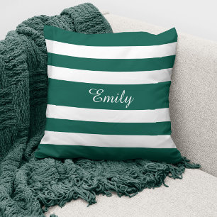 Green & White Stripes Pattern Name Monogram Cushion
