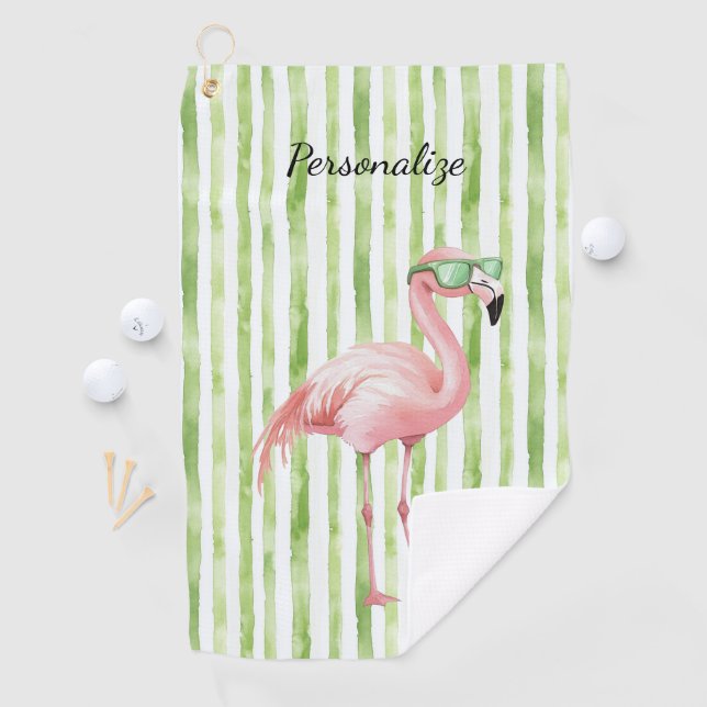 Green White Stripes Pink Flamingo Beach Birthday Golf Towel (InSitu)