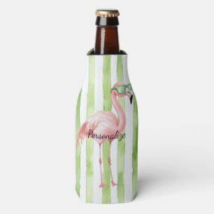 Green White Stripes Pink Flamingo Beach   Bottle Cooler