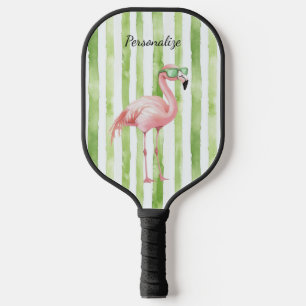 Green White Stripes Pink Flamingo Beach Pickleball Paddle