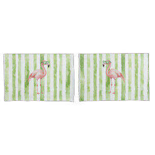 Green White Stripes Pink Flamingo Beach Pillowcase