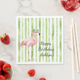 Green White Stripes Pink Flamingo Birthday Napkin