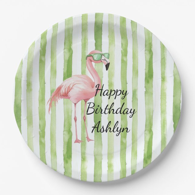 Green White Stripes Pink Flamingo Birthday Paper Plate (Front)