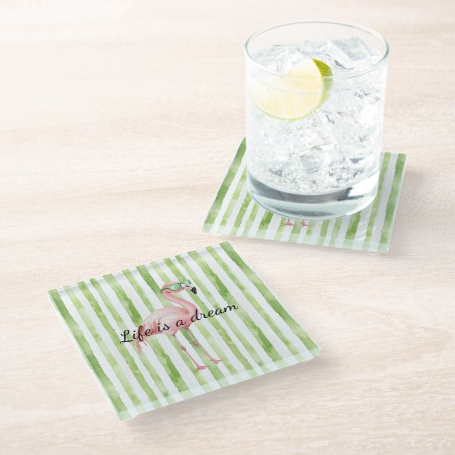 Green White Stripes Pink Flamingo Glass Coaster (Angled)