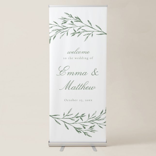 Green & White Styled Meadow Wedding Welcome Retractable Banner (Front)