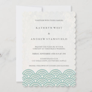 Green + White Stylised Waves Elegant Beach Wedding Invitation