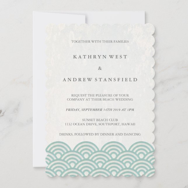 Green + White Stylised Waves Elegant Beach Wedding Invitation (Front)
