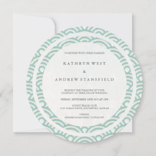 Green + White Stylised Waves Elegant Beach Wedding Invitation
