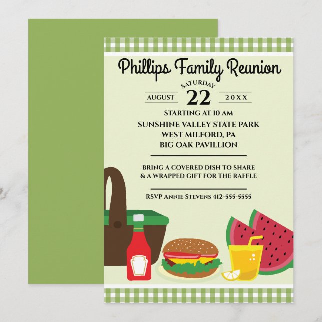 Green & White Tablecloth Picnic Family Reunion Invitation (Front/Back)