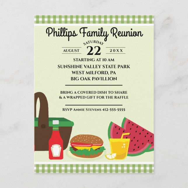 Green & White Tablecloth Picnic Family Reunion Invitation Postcard (Front)