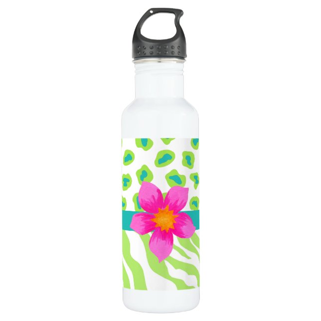 Green, White & Teal Zebra & Cheetah Orange Flower 710 Ml Water Bottle (Front)