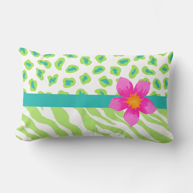 Green, White & Teal Zebra & Cheetah Orange Flower Lumbar Cushion (Front)